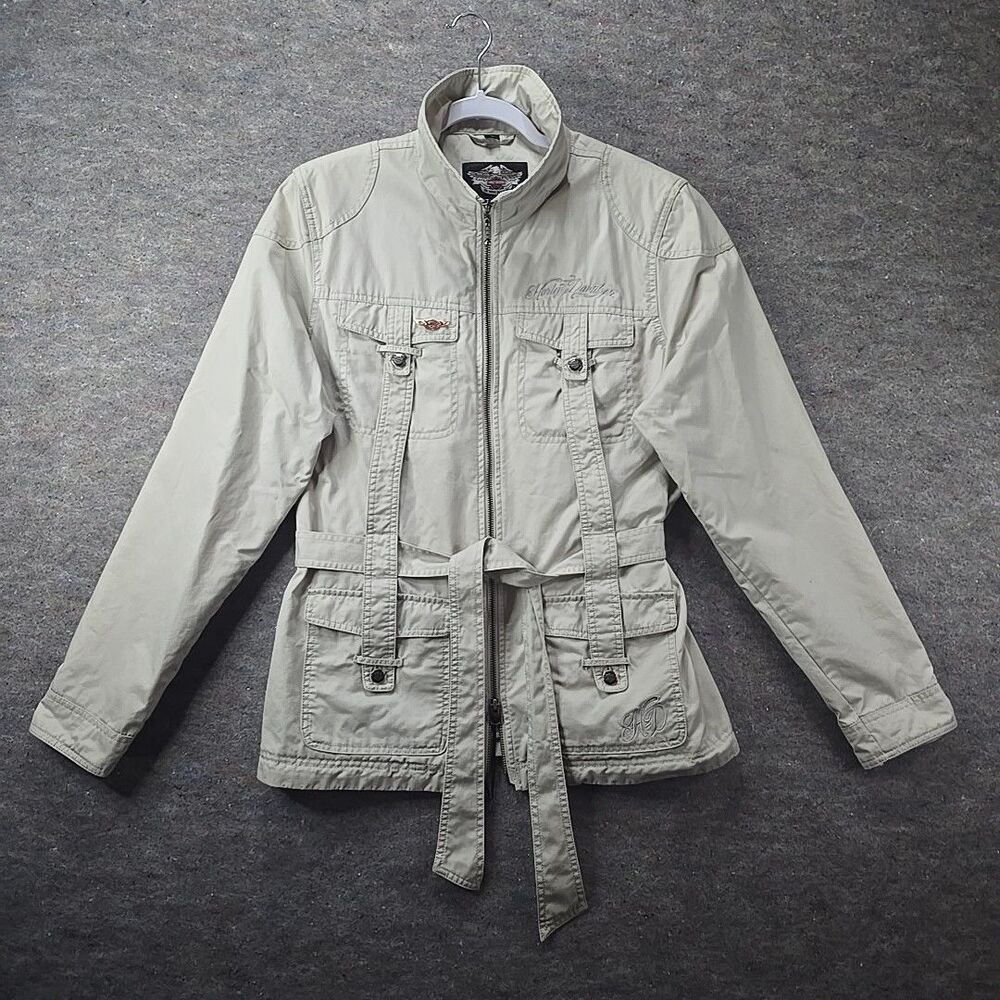 Harley-Davidson Lightweight Belted Khaki Jacket Tan Coat Womens Sz XL Y2K